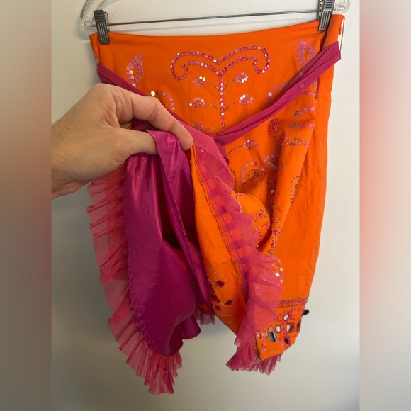 Cadi and Blue Vtg Midi Embroidered beaded Skirt Sz 10 Orange Sequins boho gitsy - Picture 5 of 13